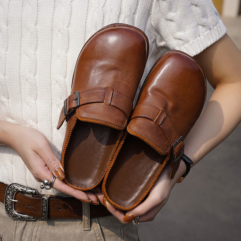 Handmade Washed Horse Leather Buckle Loafer Mules for Women in Brown/Black
