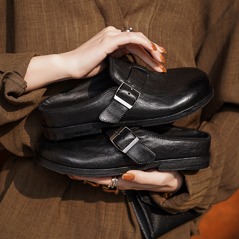 Handmade Washed Horse Leather Buckle Loafer Mules for Women in Brown/Black