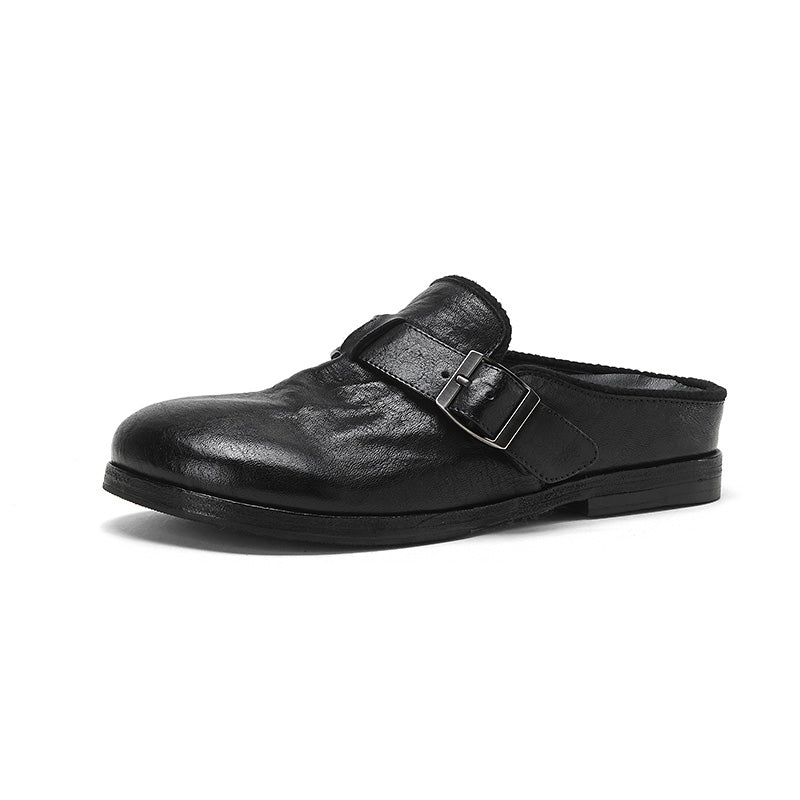 Handmade Washed Horse Leather Buckle Loafer Mules for Women in Brown/Black