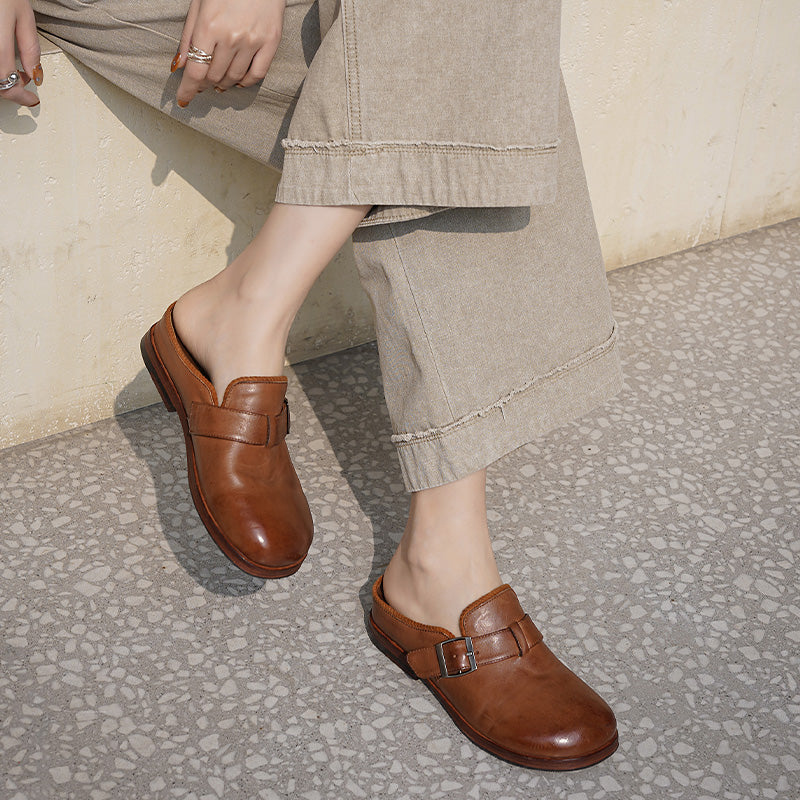 Handmade Washed Horse Leather Buckle Loafer Mules for Women in Brown/Black