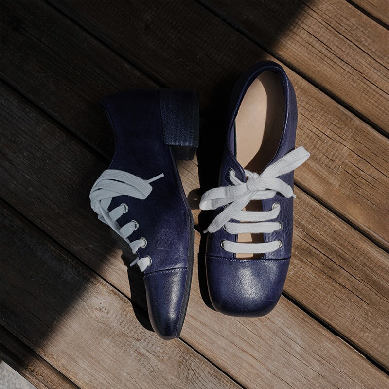 Handmade Washed Horse Leather Lace-Up Mary Jane Shoes for Women Retro Mori Girl Style in Black/Blue