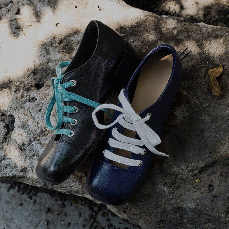 Handmade Washed Horse Leather Lace-Up Mary Jane Shoes for Women Retro Mori Girl Style in Black/Blue