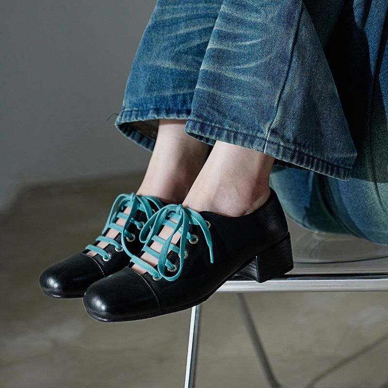 Handmade Washed Horse Leather Lace-Up Mary Jane Shoes for Women Retro Mori Girl Style in Black/Blue