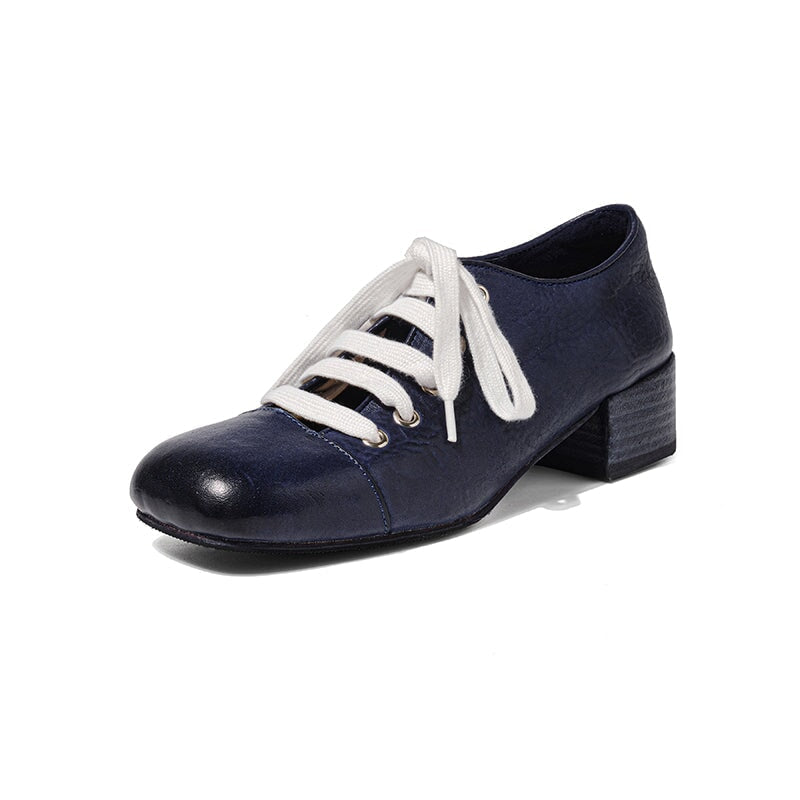 Handmade Washed Horse Leather Lace-Up Mary Jane Shoes for Women Retro Mori Girl Style in Black/Blue