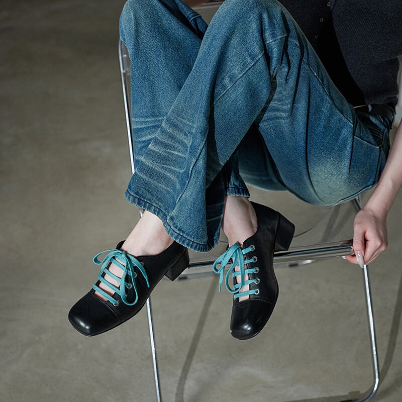 Handmade Washed Horse Leather Lace-Up Mary Jane Shoes for Women Retro Mori Girl Style in Black/Blue