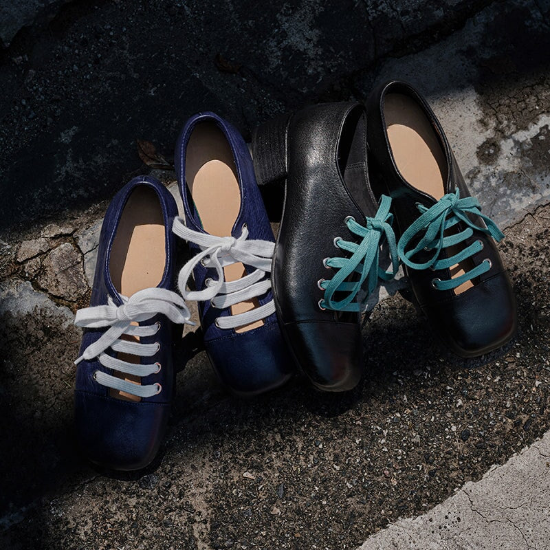 Handmade Washed Horse Leather Lace-Up Mary Jane Shoes for Women Retro Mori Girl Style in Black/Blue