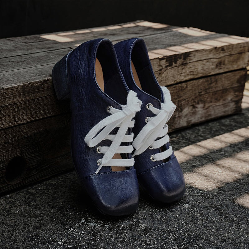 Handmade Washed Horse Leather Lace-Up Mary Jane Shoes for Women Retro Mori Girl Style in Black/Blue