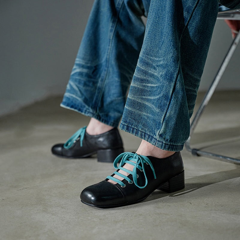 Handmade Washed Horse Leather Lace-Up Mary Jane Shoes for Women Retro Mori Girl Style in Black/Blue