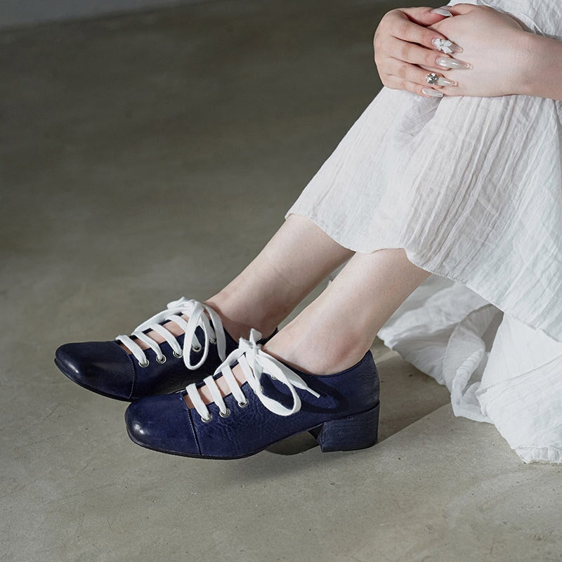 Handmade Washed Horse Leather Lace-Up Mary Jane Shoes for Women Retro Mori Girl Style in Black/Blue