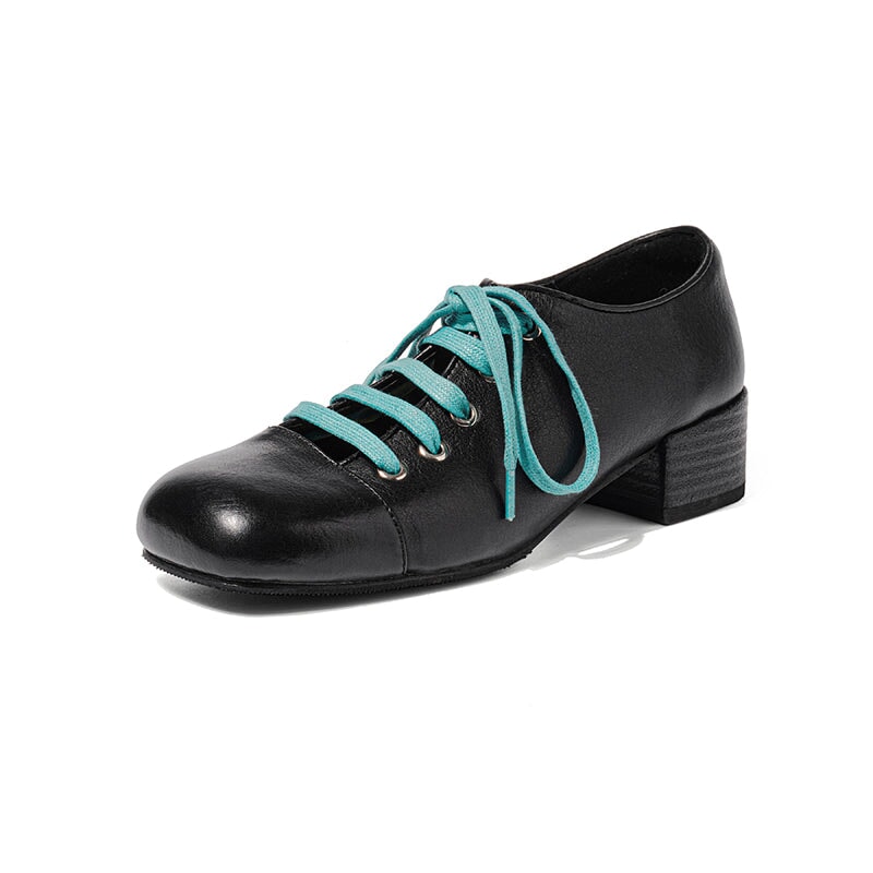 Handmade Washed Horse Leather Lace-Up Mary Jane Shoes for Women Retro Mori Girl Style in Black/Blue
