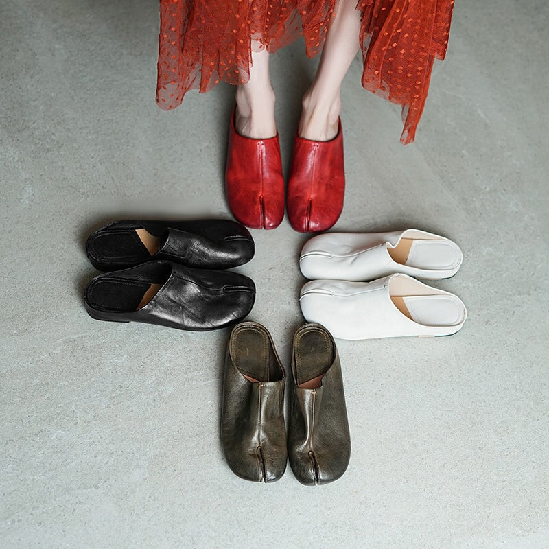 Handmade Washed Horse Leather Split-Toe Flat Slippers in Red/White/Black/Green