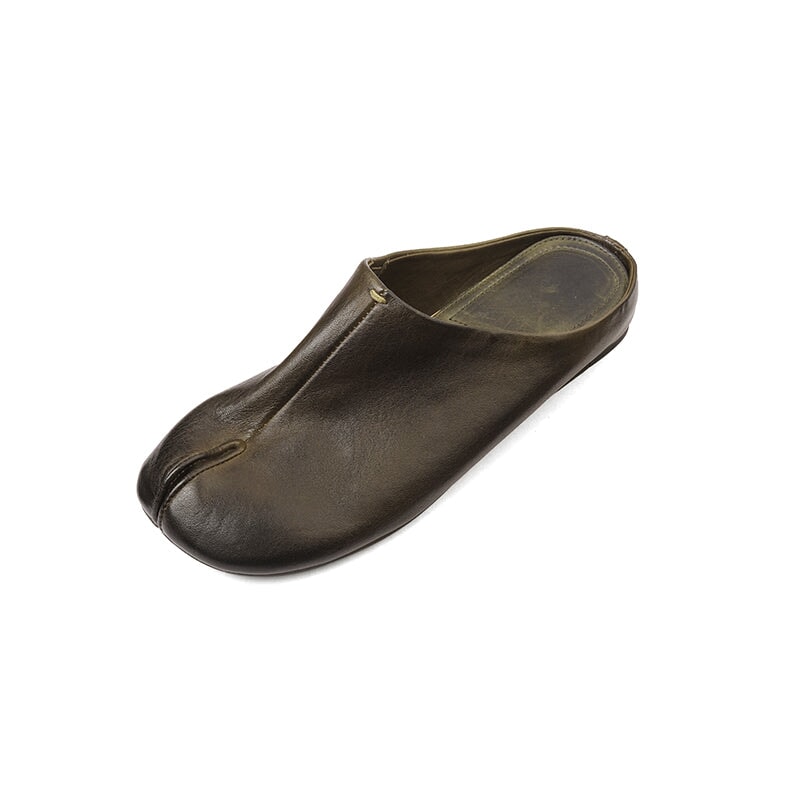 Handmade Washed Horse Leather Split-Toe Flat Slippers in Red/White/Black/Green
