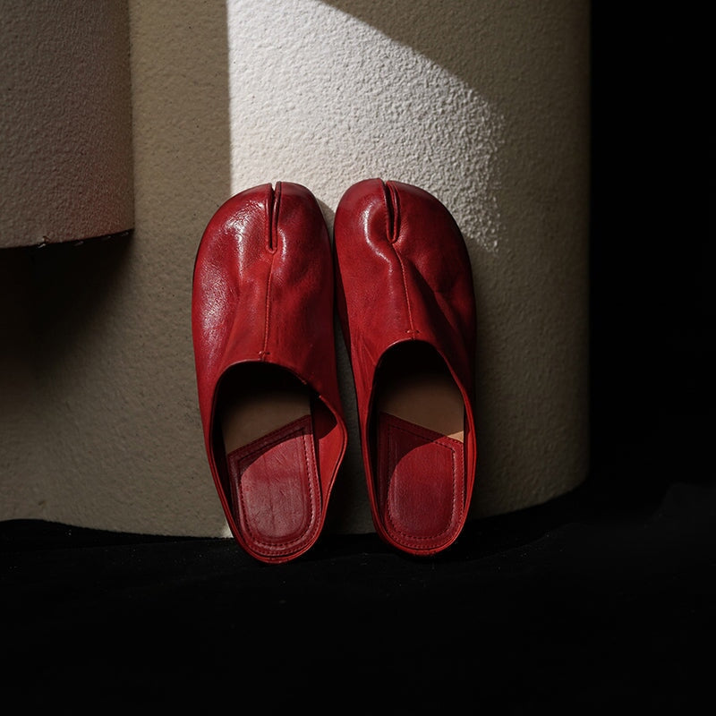 Handmade Washed Horse Leather Split-Toe Flat Slippers in Red/White/Black/Green
