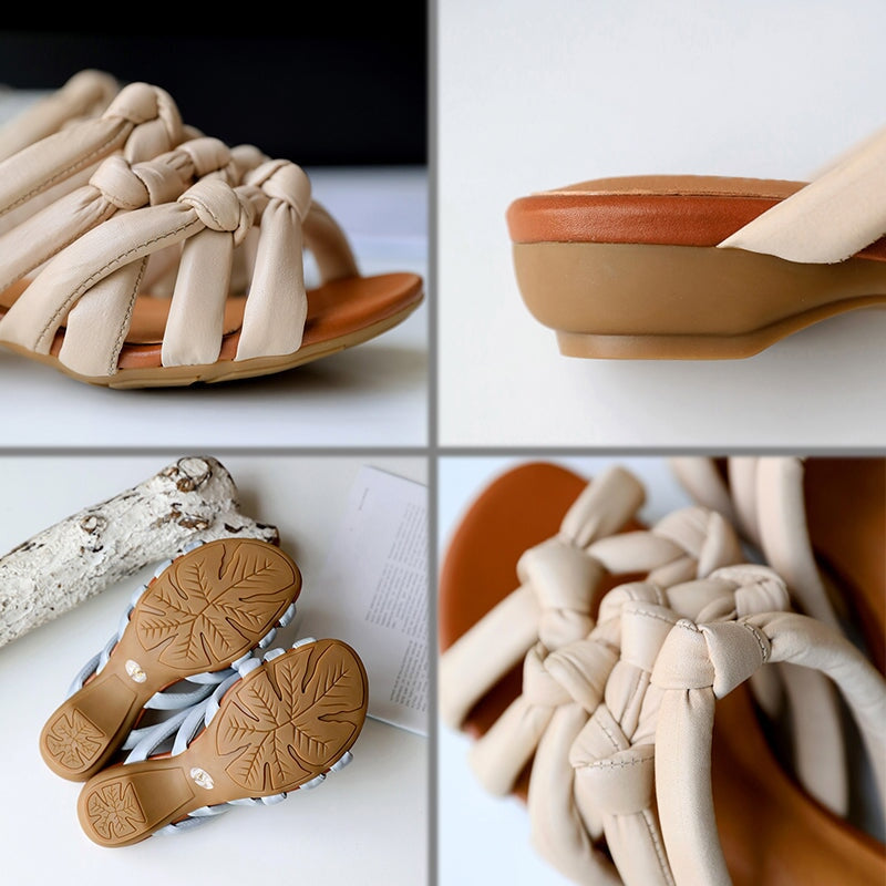 Handmade Woven Leather Slide Sandals Vintage Peep Toe Slippers in Apricot/Grey