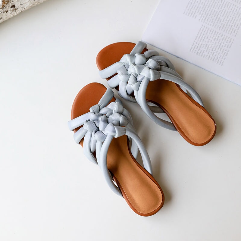 Handmade Woven Leather Slide Sandals Vintage Peep Toe Slippers in Apricot/Grey