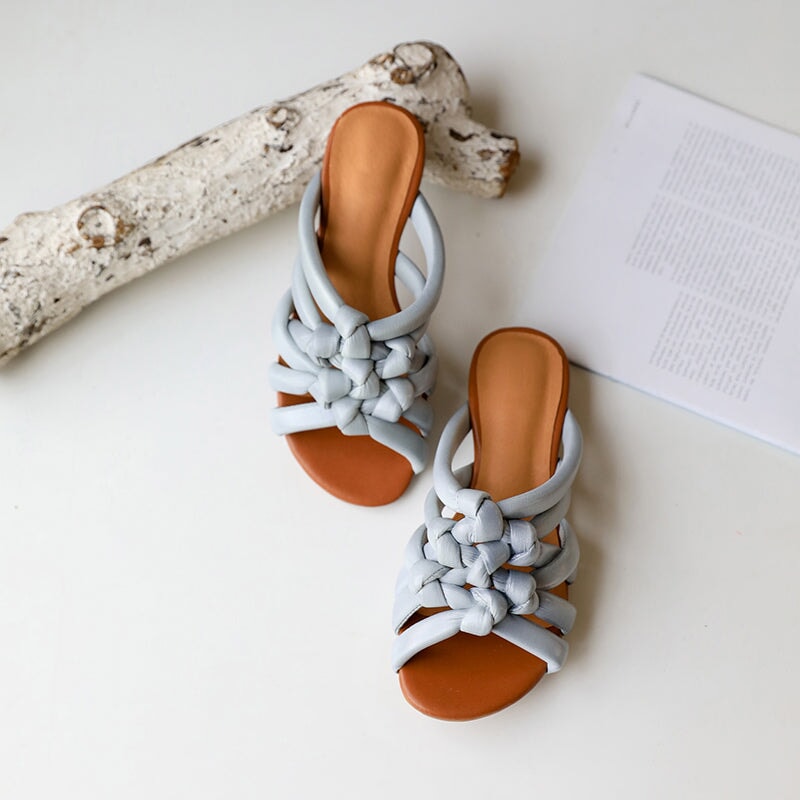 Handmade Woven Leather Slide Sandals Vintage Peep Toe Slippers in Apricot/Grey