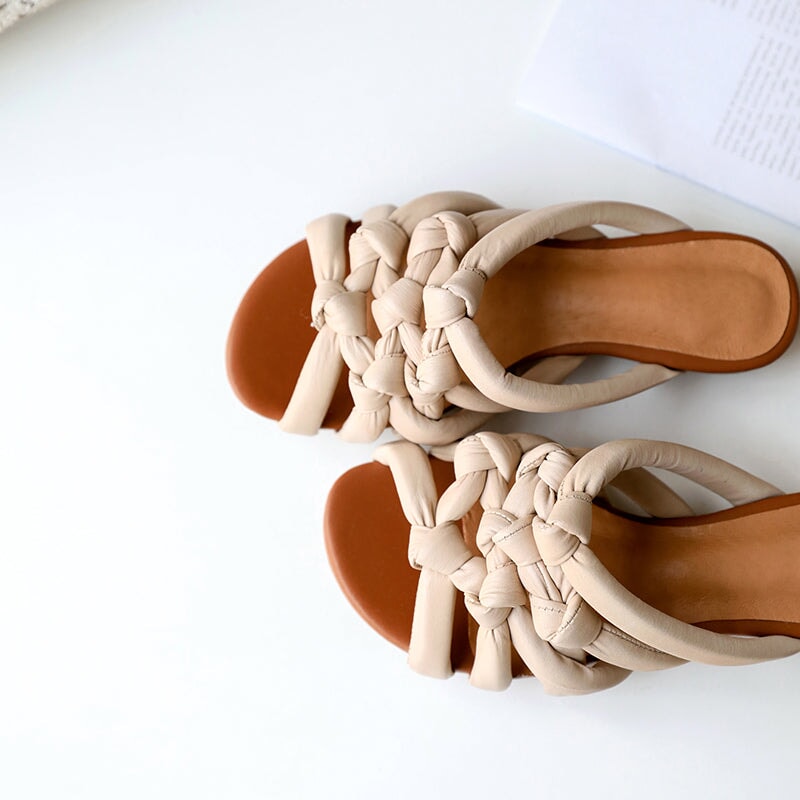 Handmade Woven Leather Slide Sandals Vintage Peep Toe Slippers in Apricot/Grey