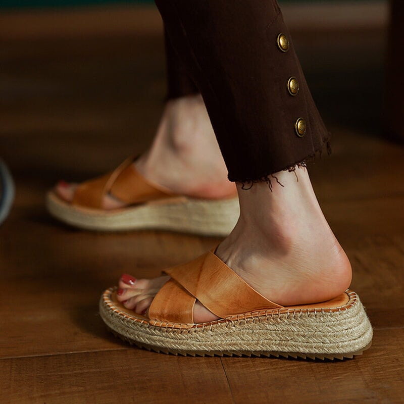Handmade X Strap Sandals Soft Leather Comfy Casual Slippers in Yellow