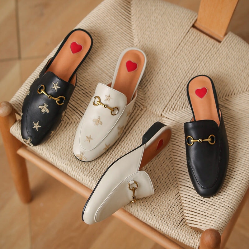Horsebit-Detailed Leather Mules for Women Backless Loafers in Black/Beige with Embroidery Options