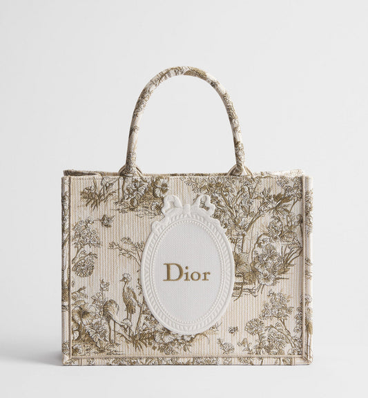 Women's Medium Book Tote With Toile de Jouy Garden Embroidery And Strap