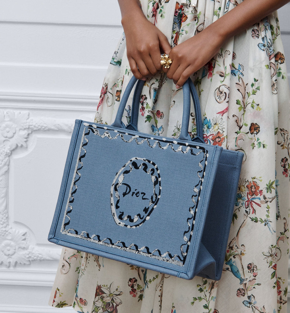Women's Medium Book Tote With Blue-Greige Painted Ribbon And Shoulder Strap