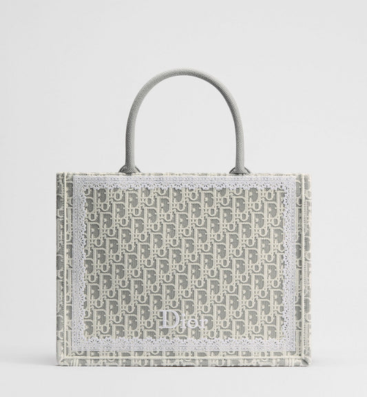 Women's Med Book Tote With Latte & Gray Oblique Embroidery & White Lace & Strap