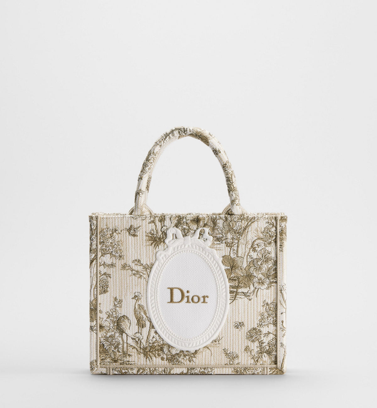 Women's Small Book Tote With Beige Multicolor Toile De Jouy Floral Garden Embroidery And Strap
