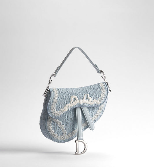 Women's Small Saddle Bag With Céleste Blue Oblique Embroidery And White Lace And Strap