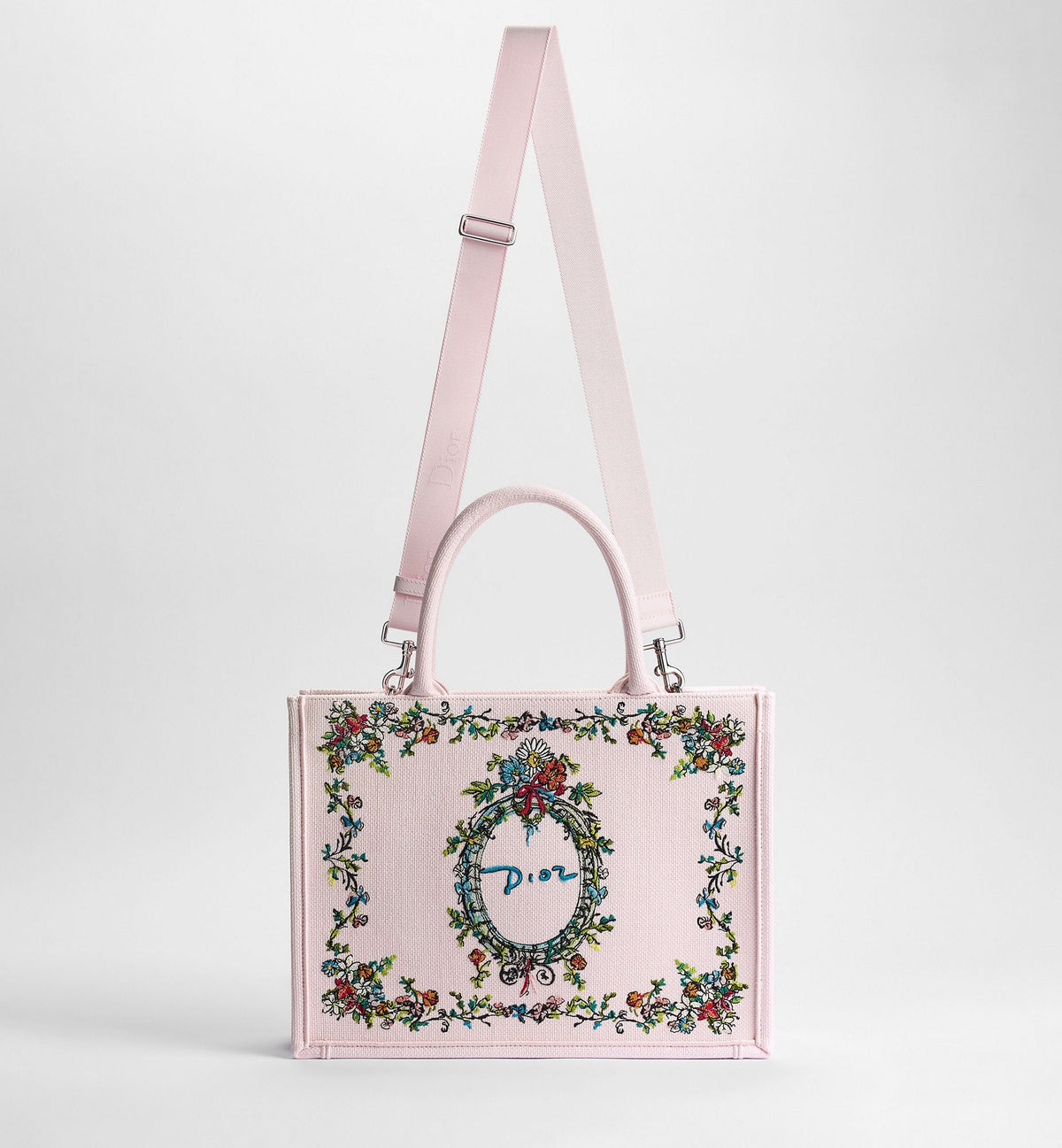 Medium Dior Book Tote With Pink Multicolor Dior Arabesque Embroidery And Strap