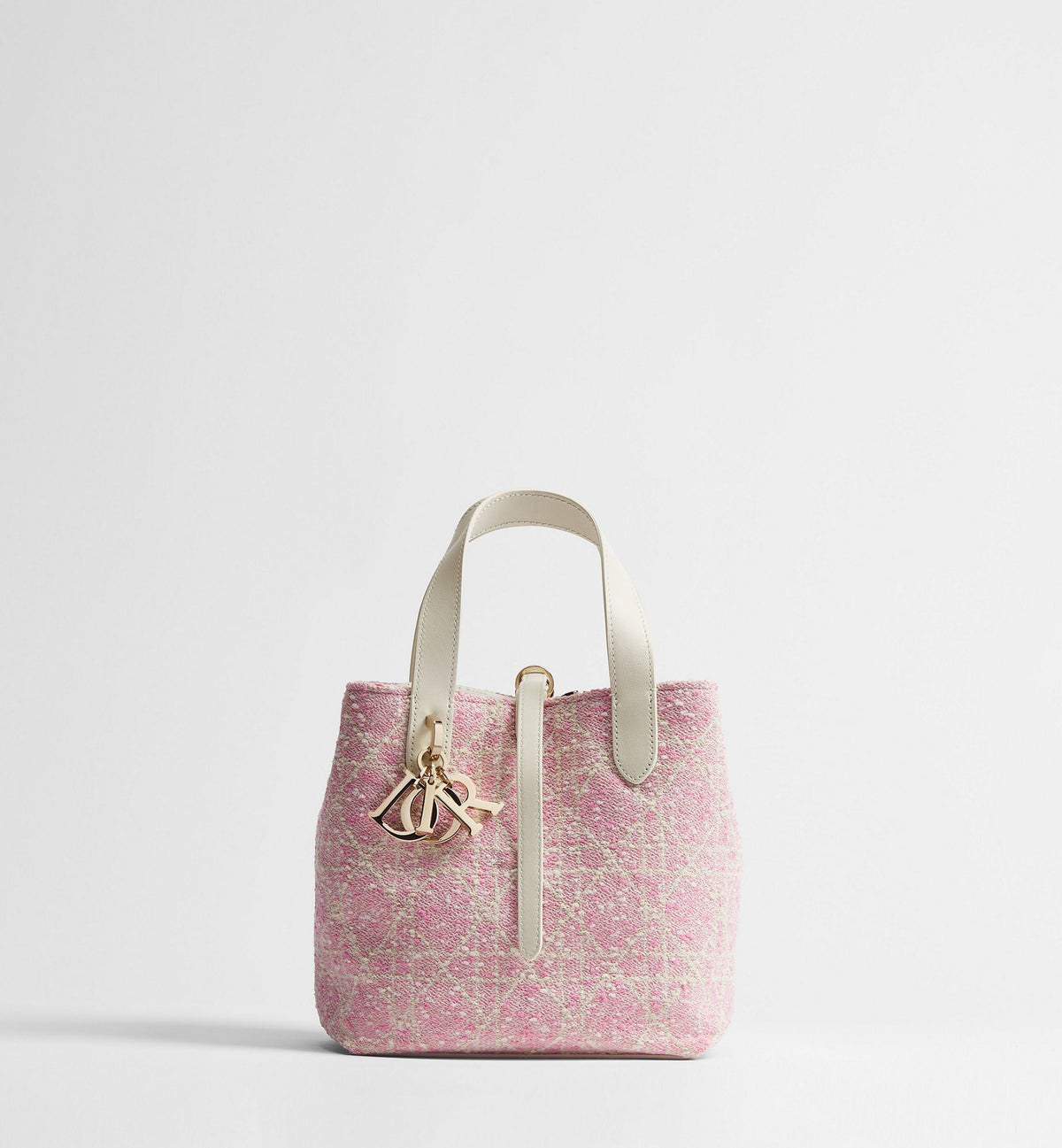 Women's Small Toujours Vertical Tote Bag With Pink Tweed And White Cannage Motif And Strap