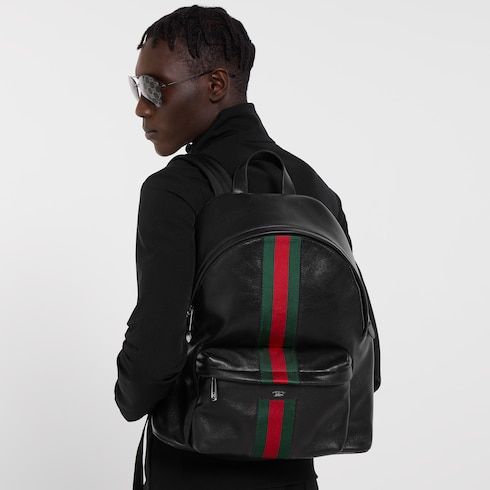 Men's Large Backpack With Soft Leather And Web Intarsia