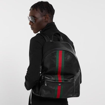 Men's Large Backpack With Soft Leather And Web Intarsia