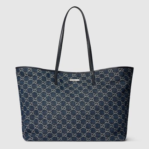 Large Tote Bag With GG Denim And Logo Plaque