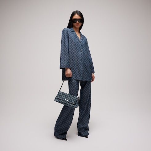 Women's Madison Medium Shoulder Bag With GG Denim And Logo Plaque