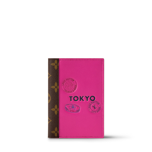 Passport Cover Cowhide Leather Pink Tokyo Monogram Canvas Trim