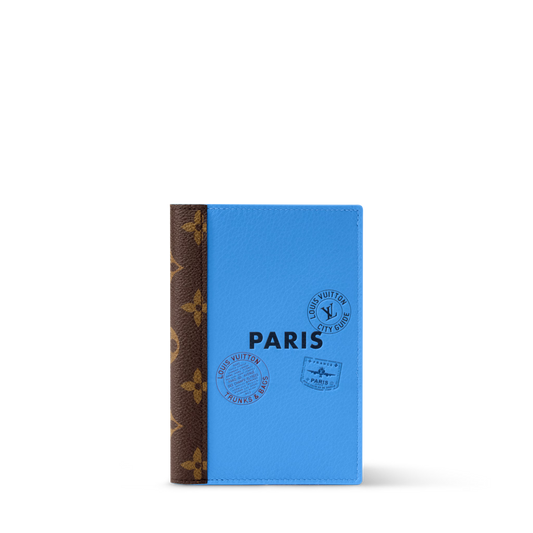 Passport Cover Bleu Paris Cowhide Leather Monogram Canvas Trim