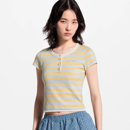 Women's Striped Cotton Jersey Henley T-Shirt