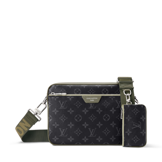 Trio Messenger Monogram Eclipse Canvas Khaki Green Ruthenium-Tone Brass Hardware