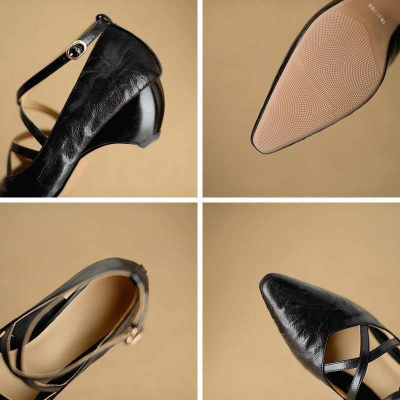 Kitten Heel Pointed Toe Mary Jane Shoes Vintage Sheepskin Pumps for Women in Black/Brown