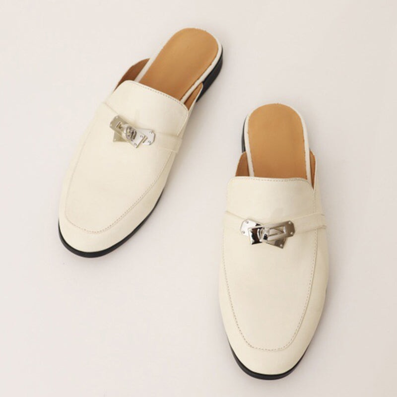 Latch-Detailed Horse Leather Loafer Mules for Women Backless Loafers in Black/Beige/Coffee/Brown