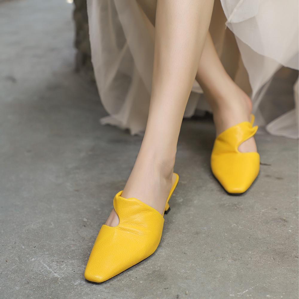 Leather Mid Heel Mules Summer Slippers Handmade Elegant Pumps Pink/Black/White/Yellow