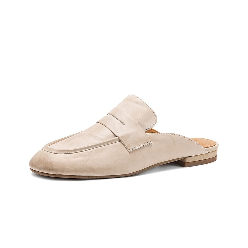 Leather Penny Loafer Mules Handmade Slip-On Flat Backless Loafer Slides in Apricot/Black/Beige