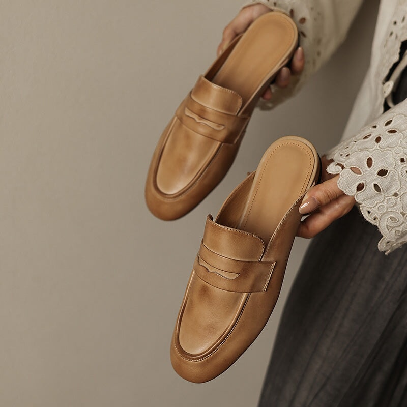 Leather Penny Loafer Mules Handmade Slip-On Flat Backless Loafer Slides in Apricot/Black/Beige