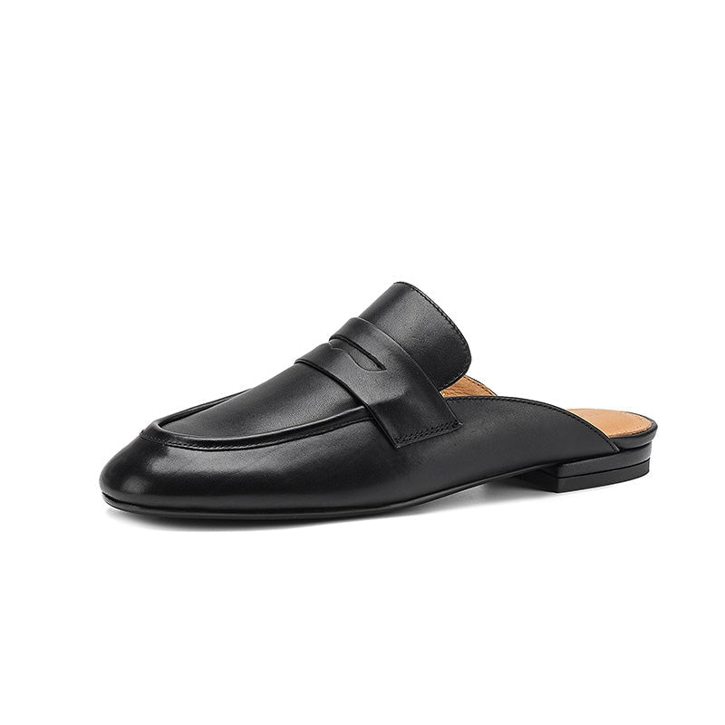 Leather Penny Loafer Mules Handmade Slip-On Flat Backless Loafer Slides in Apricot/Black/Beige