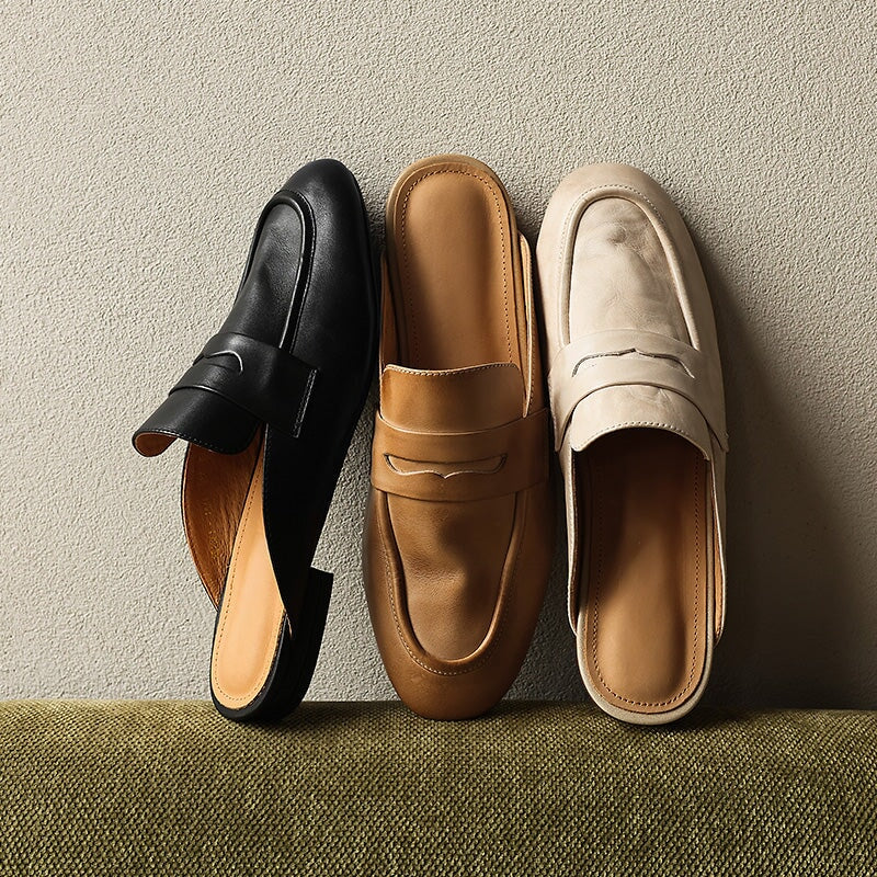 Leather Penny Loafer Mules Handmade Slip-On Flat Backless Loafer Slides in Apricot/Black/Beige