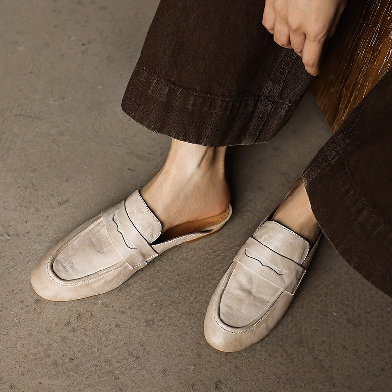 Leather Penny Loafer Mules Handmade Slip-On Flat Backless Loafer Slides in Apricot/Black/Beige