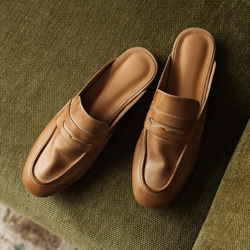 Leather Penny Loafer Mules Handmade Slip-On Flat Backless Loafer Slides in Apricot/Black/Beige
