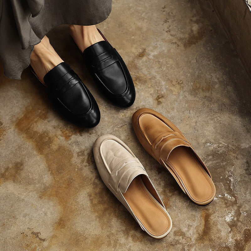 Leather Penny Loafer Mules Handmade Slip-On Flat Backless Loafer Slides in Apricot/Black/Beige