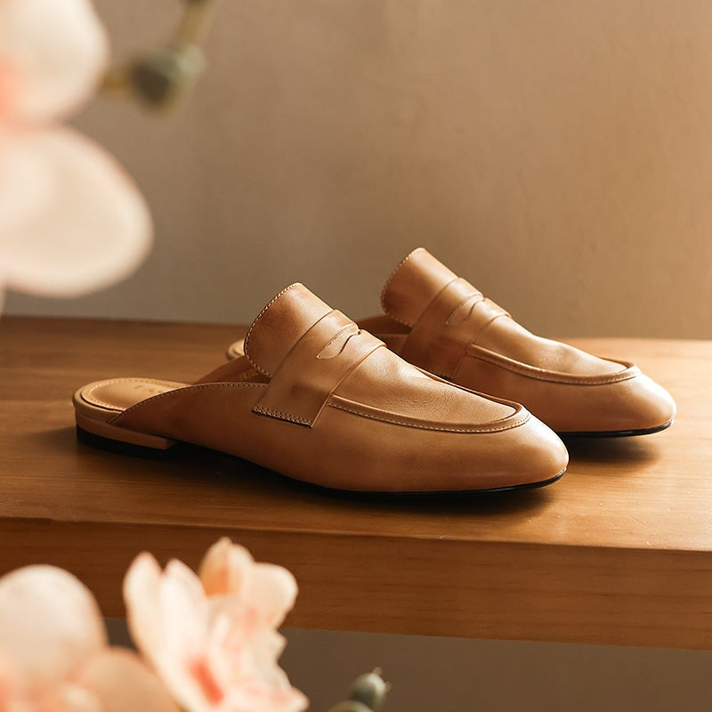 Leather Penny Loafer Mules Handmade Slip-On Flat Backless Loafer Slides in Apricot/Black/Beige