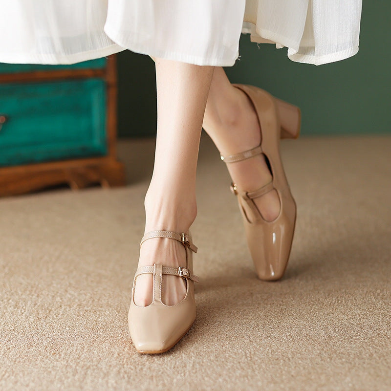 Leather T strap Detail Mary Jane Pumps Block Heel Square Toe in Red/Brown/Apricot